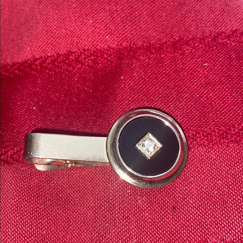 Vintage 60s Black Enamel and Gold Toned Tie Clip with Rhinestone
